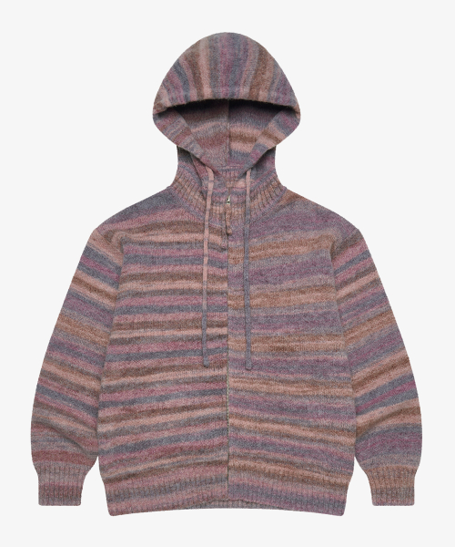шерстяной stripe трикотаж с капюшоном zip-up_Pink