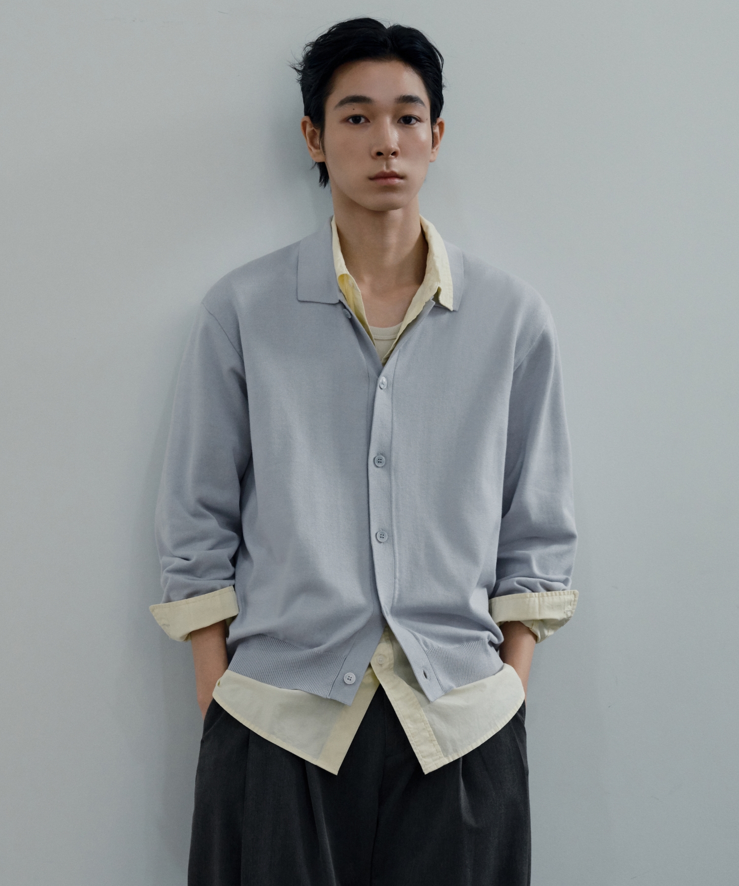 WASHABLE SUPIMA COTTON COLLARED кардиган [ASH LIGHT BLUE]