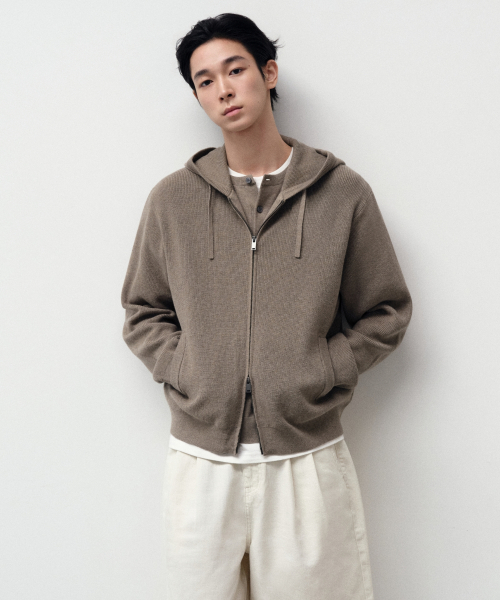 무신사 스탠다드() 워셔블 수피마 코튼 니트 후디드 집업 [헤더 베이지] 상품 이미지