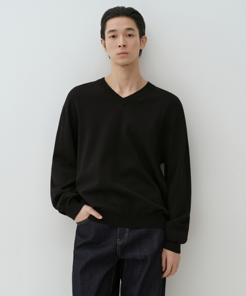 무신사 스탠다드() 워셔블 수피마 코튼 브이 넥 니트 [블랙] 상품 이미지