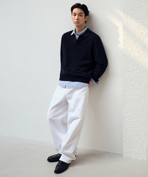 무신사 스탠다드() 워셔블 수피마 코튼 긴소매 니티드 폴로 셔츠 [네이비] 상품 이미지