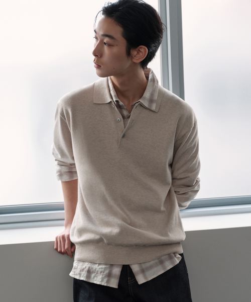 무신사 스탠다드() 워셔블 수피마 코튼 긴소매 니티드 폴로 셔츠 [오트밀] 상품 이미지