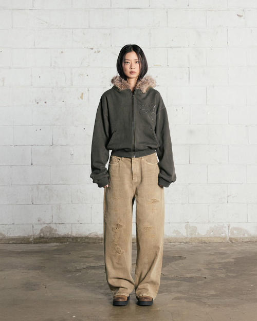 Винтажный худи на молнии с мехом Two-Tone (Khaki)