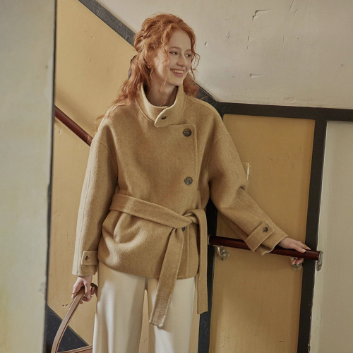 PM_Stand collar belted short coat