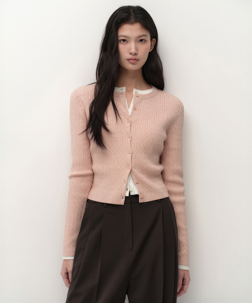 무신사 스탠다드 우먼() 우먼즈 케이블 라운드 넥 가디건 [라이트 핑크] 상품 이미지