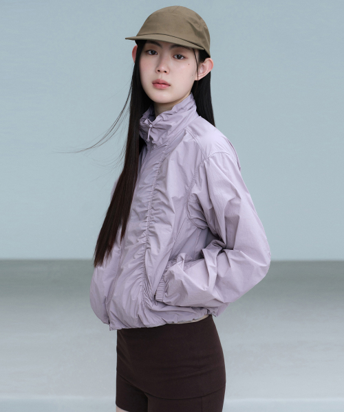 Women's Shirring High Neck Windbreaker Jacket [Purple Gray] preview