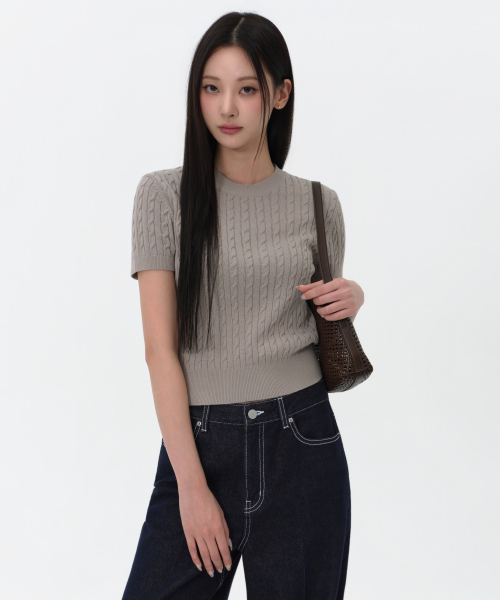 Женский трикотаж косой вязки с коротким рукавом [Light Warm Grey]