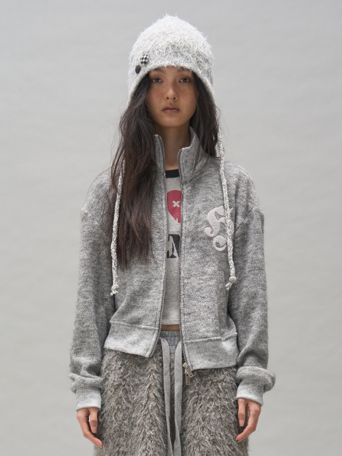 SYMBOL HAIRY KNIT ZIP-UP_M.GREY