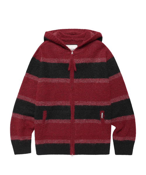 STRIPE KNIT HOODIE ZIP-UP RED