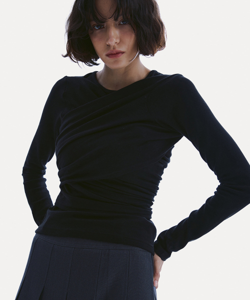 TENCEL WRAP LONG SLEEVE T-SHIRT_ BLACK