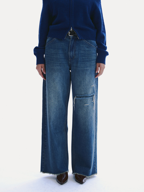 DISTRESSED WIDE-LEG DENIM PANTS_ WASHED BLUE