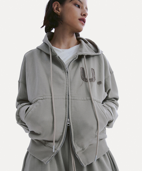 LETTERING COTTON HOODED ZIP-UP_ KHAKIBEIGE