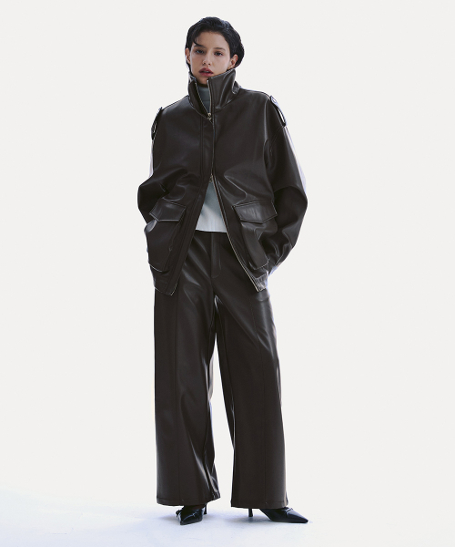 FAUX-LEATHER HALF JACKET_ BROWN