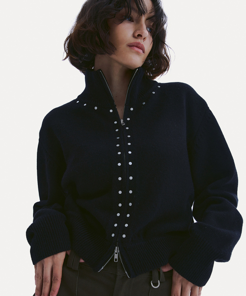 STUDDED FULL ZIP-UP KNIT BLOUSON_ BLACK