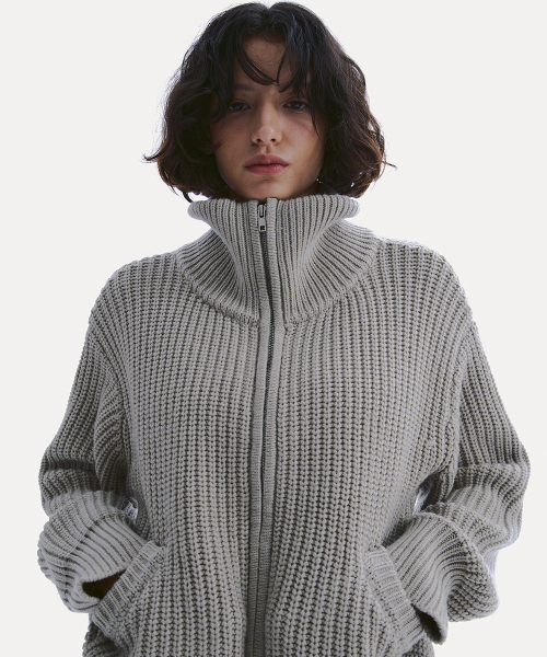 OVERSIZED FULL ZIP-UP KNIT BLOUSON_ GREYBEIGE