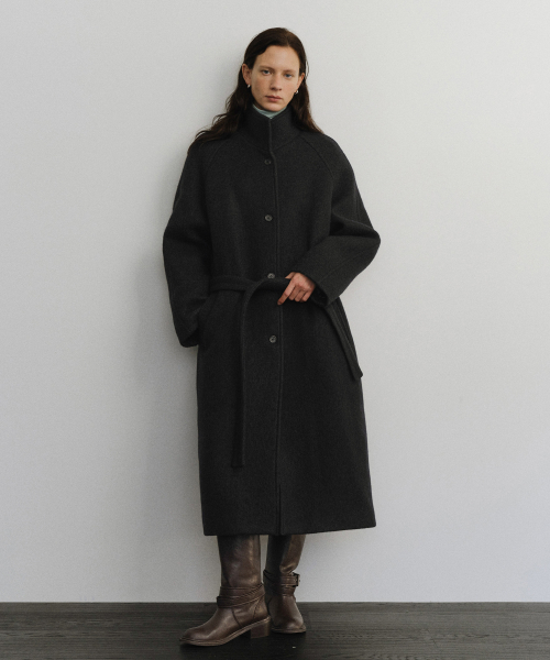 Wool high neck belted coat_Dark navy