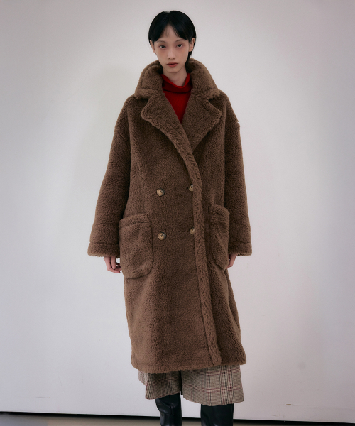 Оверсайз двубортное длинное пальто из медвежьего флиса [Dark Brown]