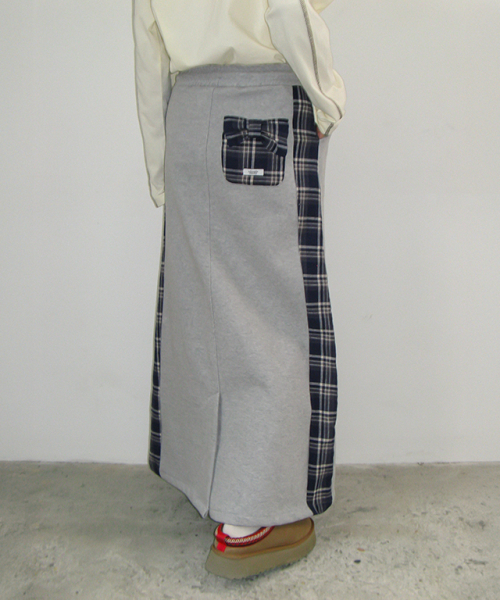SIDE CHECK RIBBON POCKET MAXI SKIRT GREY