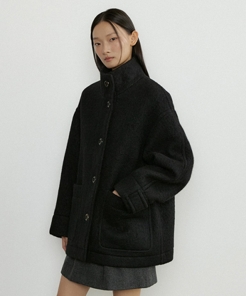 alpaca high-neck half coat-black