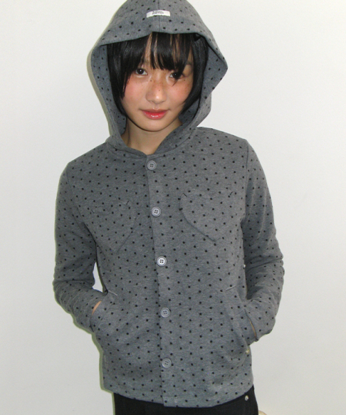 HEART POCKET DOT HOODED CARDIGAN GREY