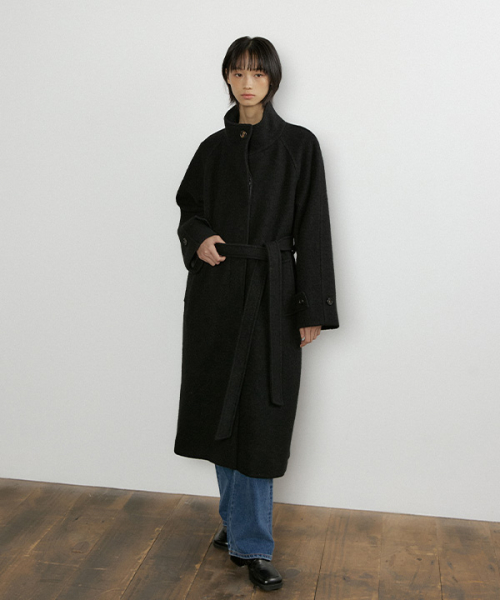 alpaca high-neck belted long coat-black