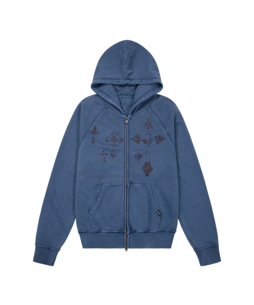 Pigment Dyed Cross Zip-Up Hoodie (Blue)