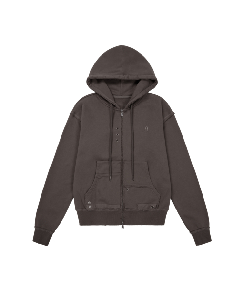 Eyelet Damaged Zip-Up Hoodie (Brown)