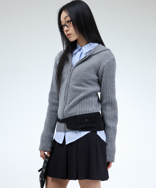 MIX RIBBED KNIT HOODIE ZIP-UP-3COLOR