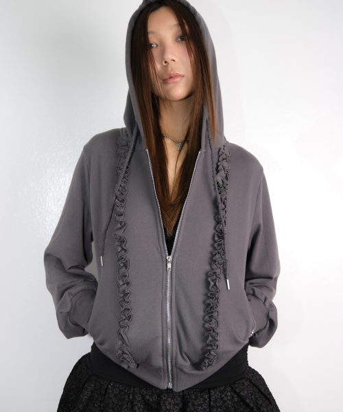 Худи на молнии с рюшами и логотипом, Dark Gray