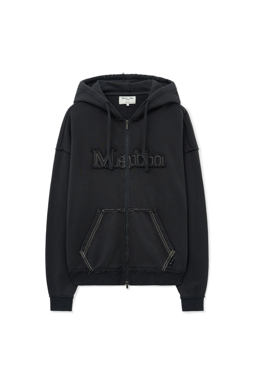 MUSINSA公式 | MATIN KIM RAW CUT APPLIQUE HOODY ZIP UP IN CHARCOAL