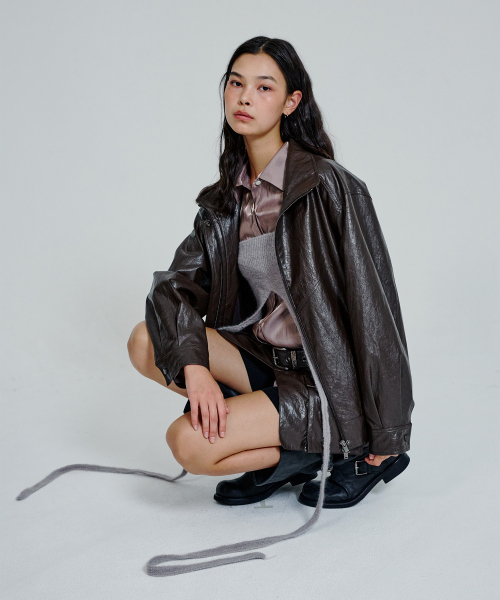 Leather High Neck Jumper_Brown