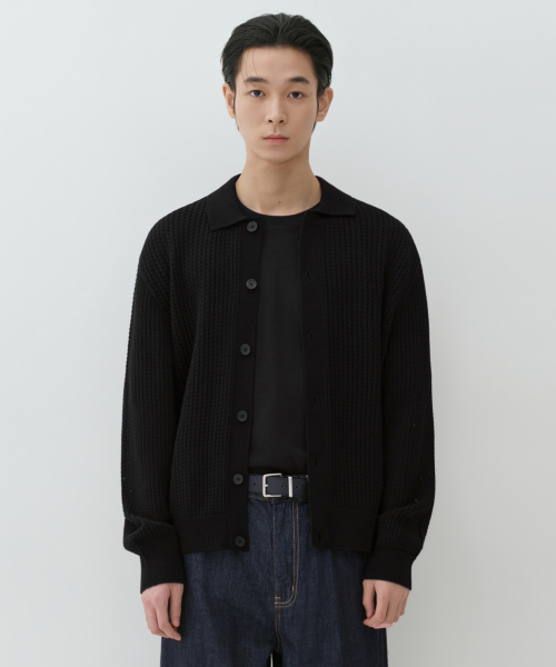 CROCHET KNIT COLLARED CARDIGAN [BLACK]