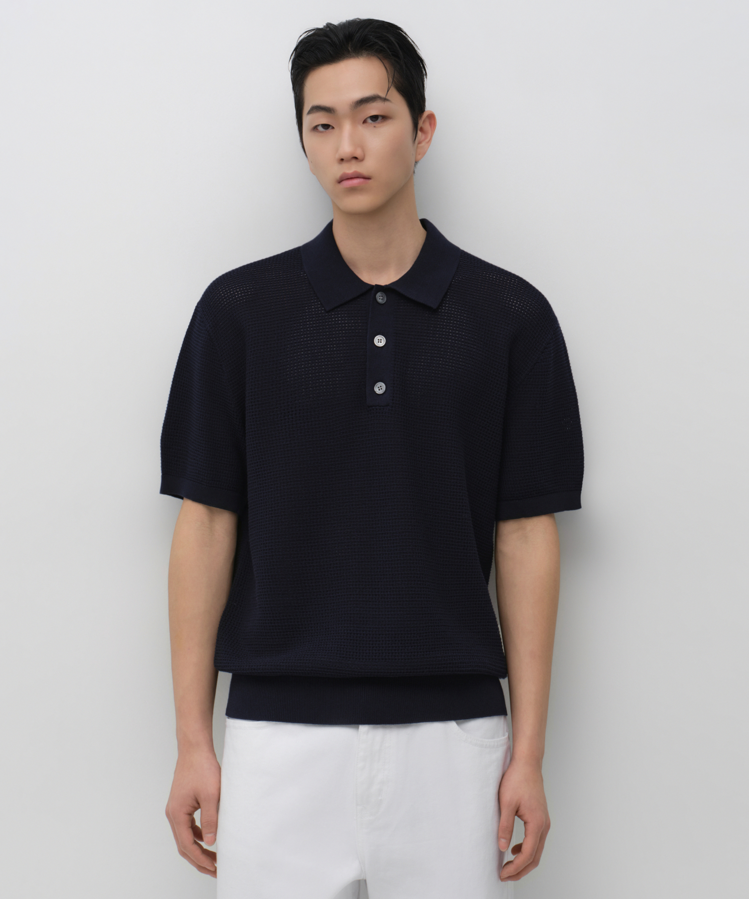 CROCHET KNITTED POLO SHIRT [NAVY]