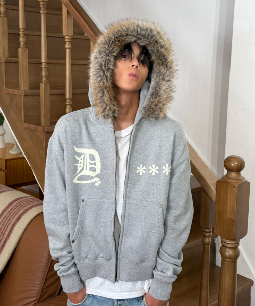 AMOU Fur Hoodie Zip-Up GREY