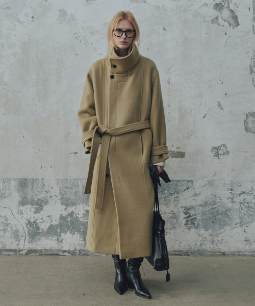 Длинное шерстяное пальто с высоким горлом_Beige