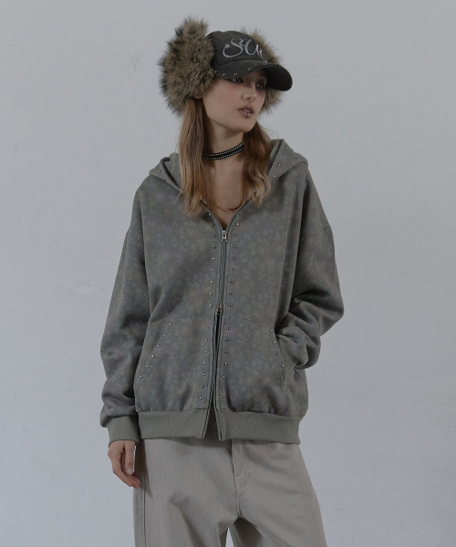 FLOWER STUDDED HOODIE ZIP-UP / хаки