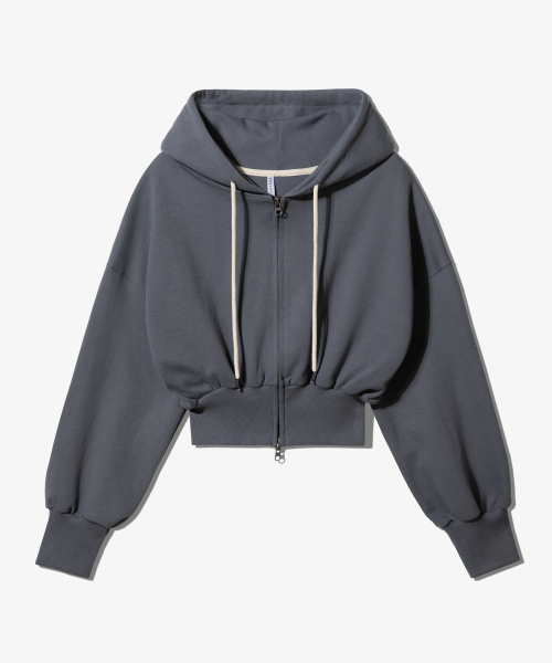 CROP DOUBLE JERSEY HOODED ZIP UP - GRAY
