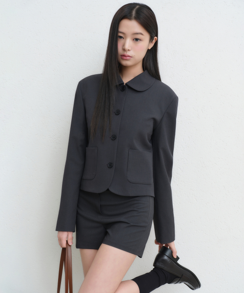 우먼즈 라운드 칼라 숏 블레이저 [그레이]