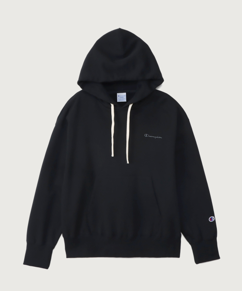 여성 스몰 스크립트 로고 루즈핏 기모 후드 티셔츠 Black