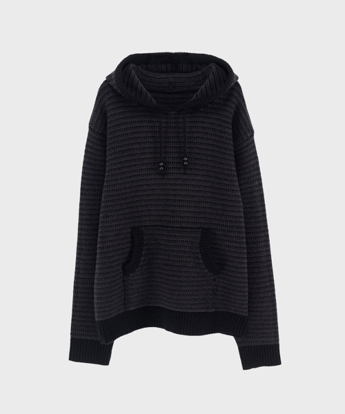 BLACK WOOL KNIT STRIPE HOODIE