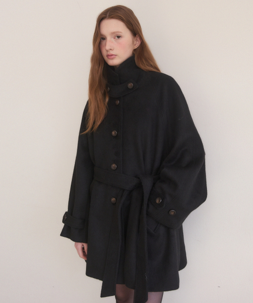 Handmade loose fit balmacaan half coat - black