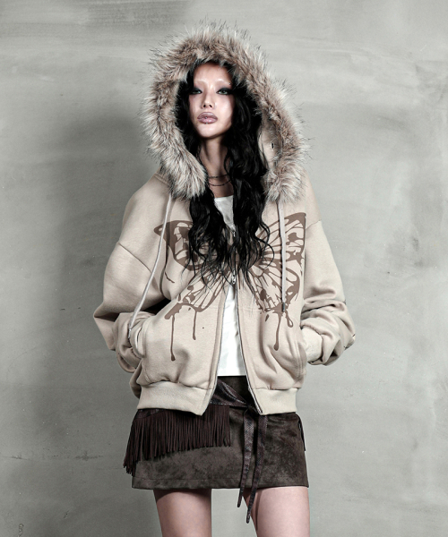 BUTTERFLY SPLATTER ZIP-UP #BEIGE (на флисе, съемный мех)