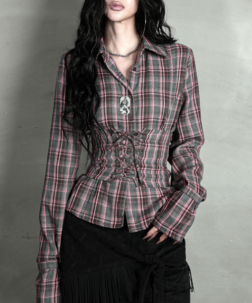 CHECK CORSET SHIRT #PINK GRAY