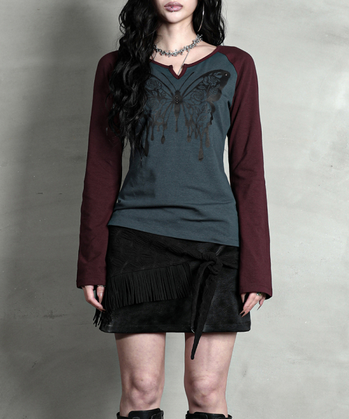 ROSE BUTTERFLY RAGLAN T-SHIRT #WINE BLUE