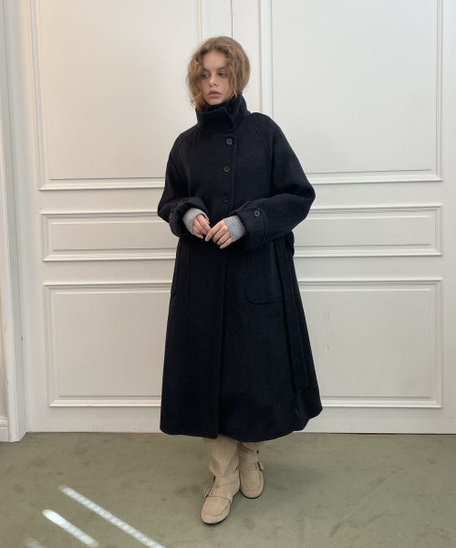 Anna high neck long coat (black)