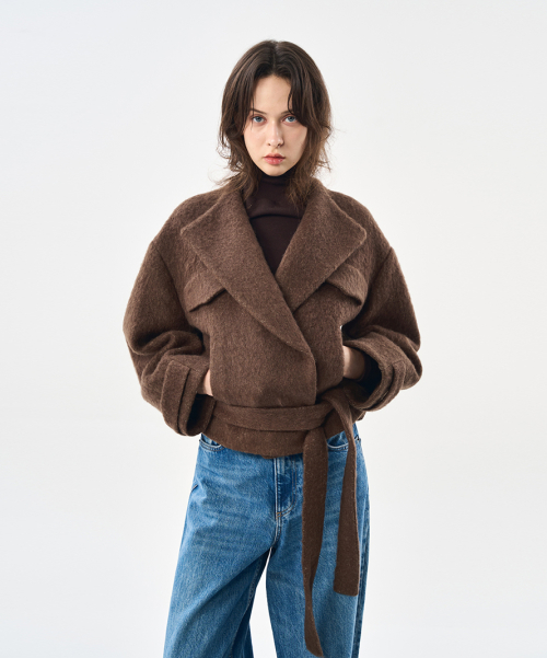 Пальто альпака-шерсть на поясе, объёмный крой, SHORT BROWN
