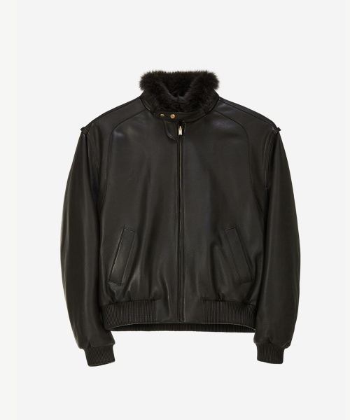FUR LEATHER BLOUSON JACKET DARK BROWN