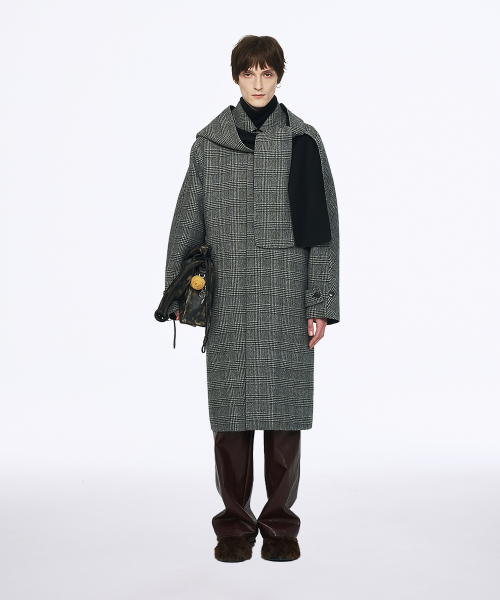 GLEN CHECK HOOD MUFFLER HAND MADE COAT GREY