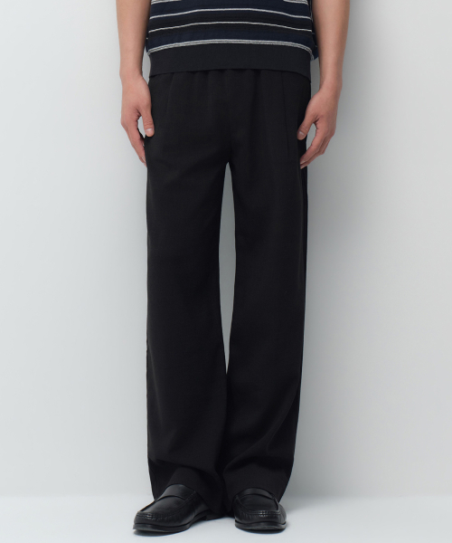 CRINKLE LINEN LIKE WIDE ELASTIC PANTS [BLACK]