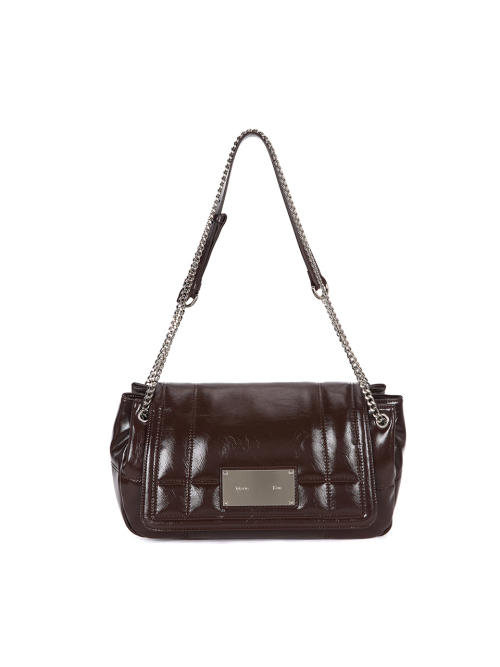 GLOSSY QUILTING MEDIUM CHAIN BAG IN DARK BROWN